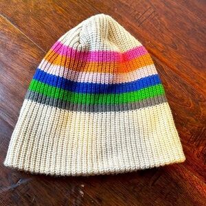 Tan beanie with colorful stripes across middle fold over/ scrunch blu pink gr or